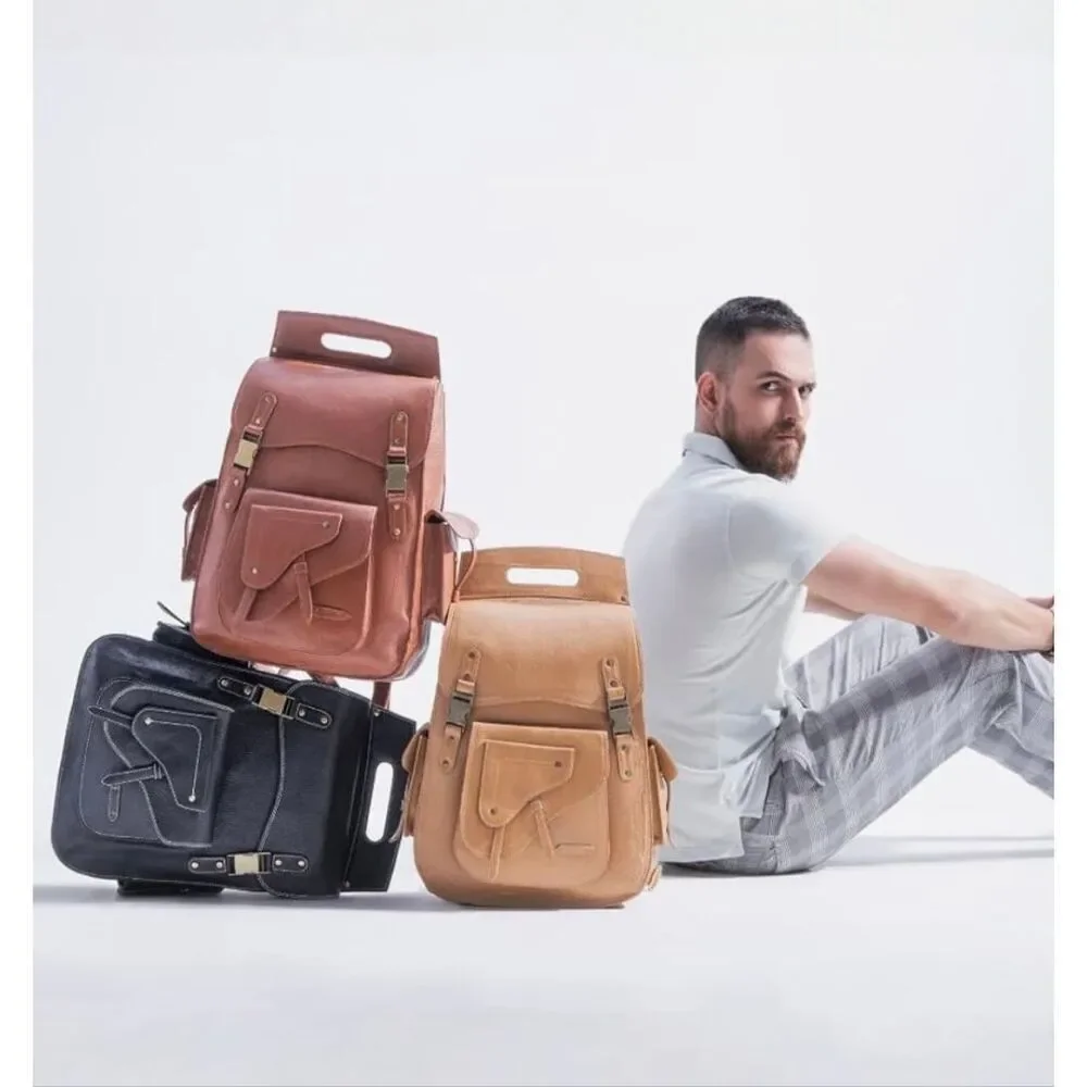 Handmade World Full Grain Leather Backpack for Men – 17” laptop, bag Busines Tra